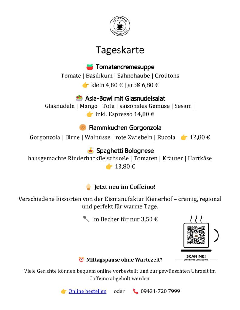 Aktuelle Wochenkarte des Coffeino Schwandorf